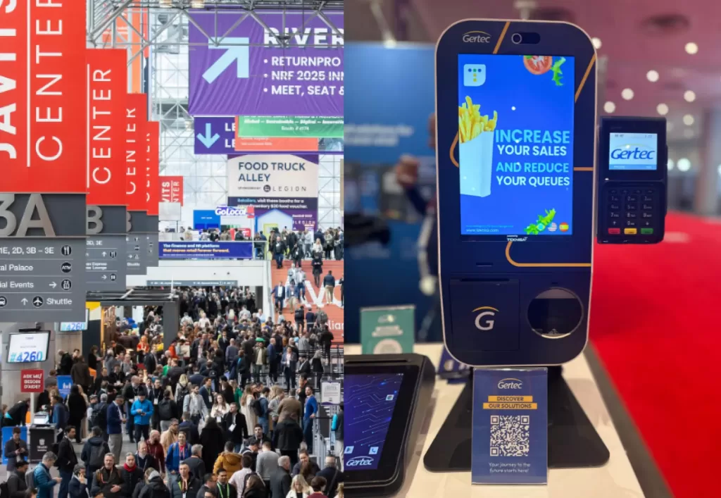 Movimentação na NRF 2025 e exposição de um totem da Gertec destacando soluções de autoatendimento da Teknisa